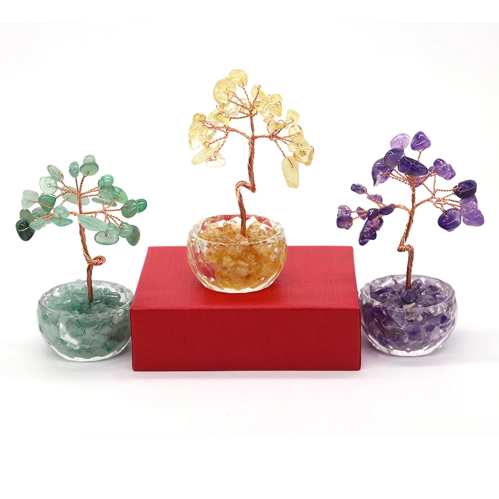 7 Chakras Tree of Life Decoration Rose Natural Chip Crystal Handmade Healing Luck Money Trees Feng Shui Home Office Ornament