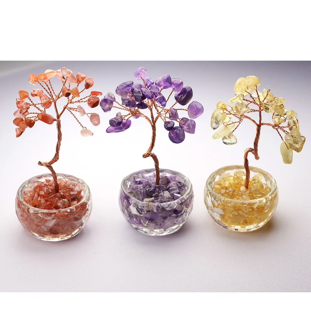 7 Chakras Tree of Life Decoration Rose Natural Chip Crystal Handmade Healing Luck Money Trees Feng Shui Home Office Ornament