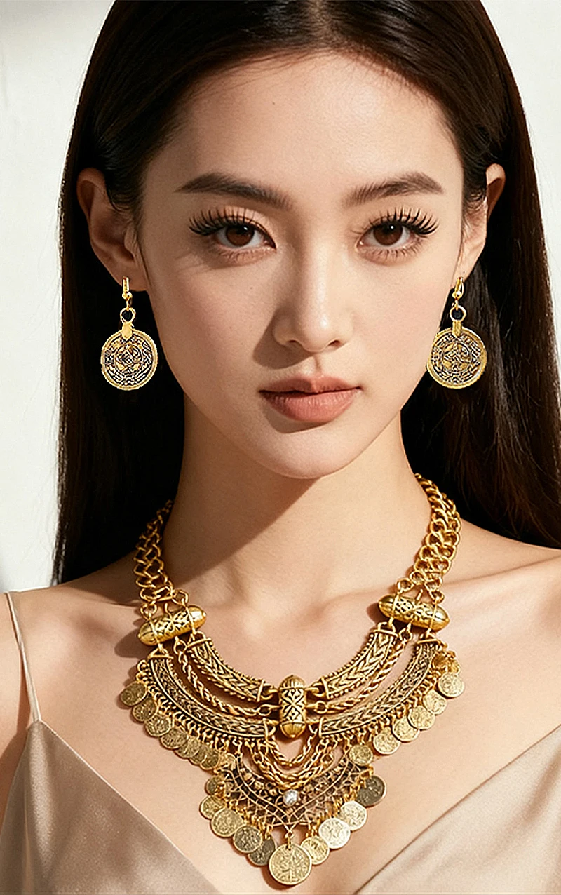 Women's Bohemian Statement Collar Gypsy Necklace Ethnic Extra-Long Retro Layered Dangle Jewelry for Festival