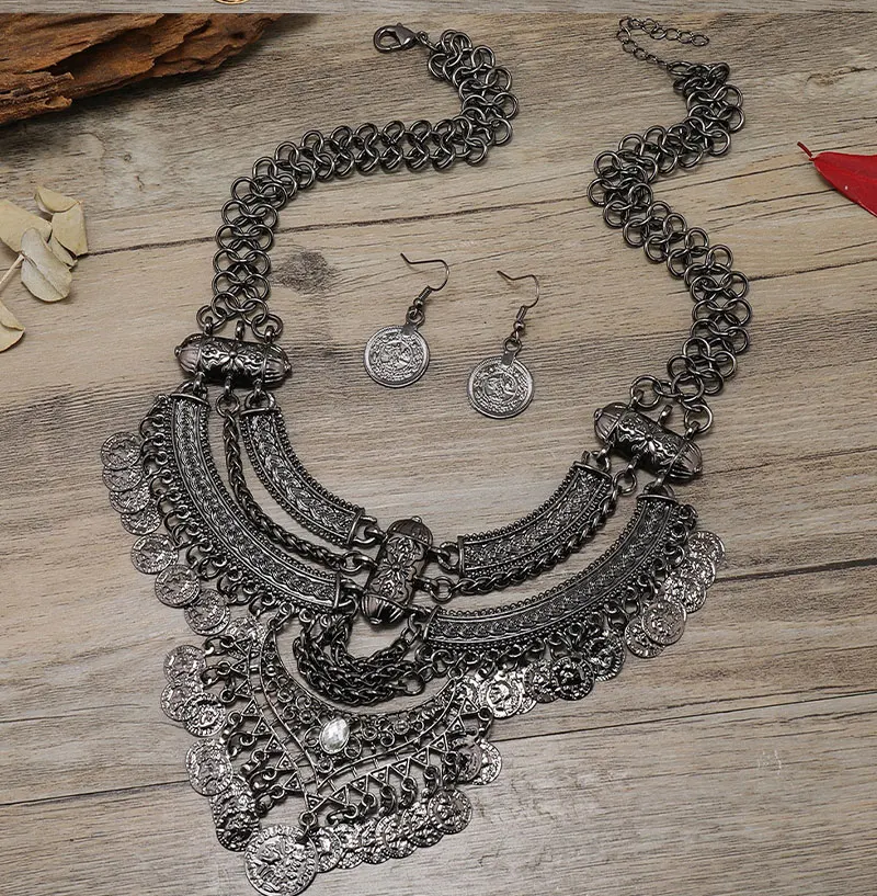 Women's Bohemian Statement Collar Gypsy Necklace Ethnic Extra-Long Retro Layered Dangle Jewelry for Festival