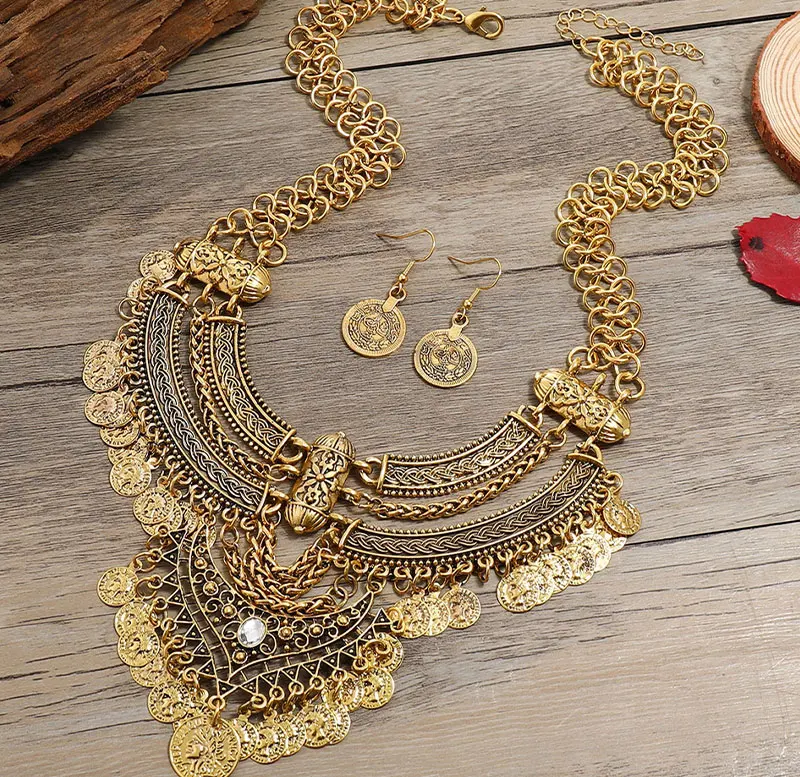 Women's Bohemian Statement Collar Gypsy Necklace Ethnic Extra-Long Retro Layered Dangle Jewelry for Festival