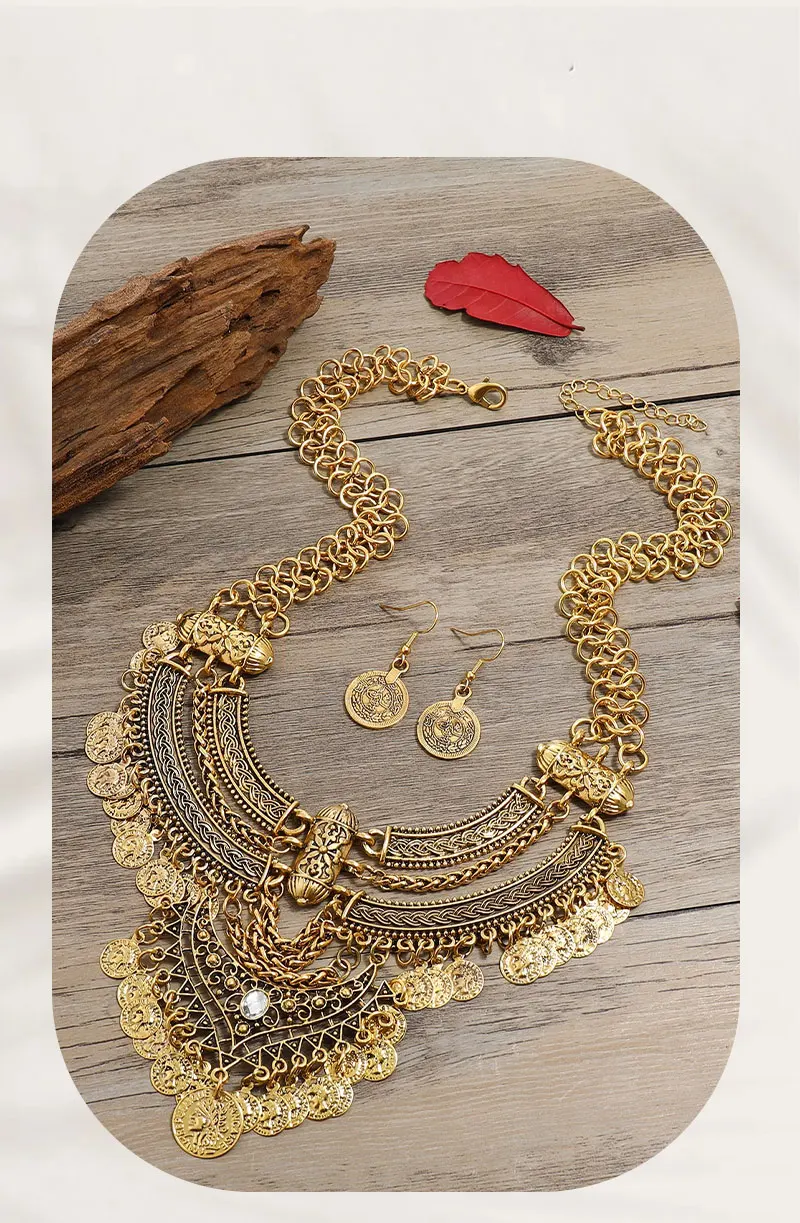 Women's Bohemian Statement Collar Gypsy Necklace Ethnic Extra-Long Retro Layered Dangle Jewelry for Festival