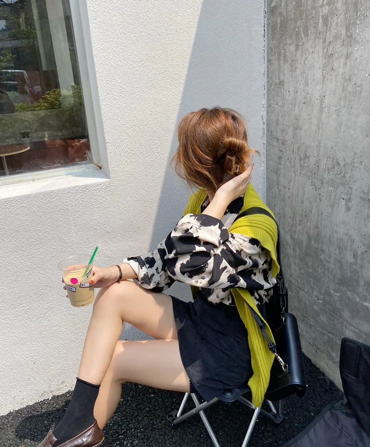 Spring Cow Print Button Up Shirts Women Long Sleeve Blouse Korean Fashion Women Loose Clothes Chiffon Shirt Streetwear Tops New